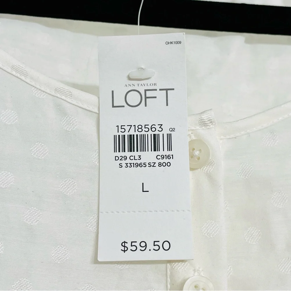 LOFT Swiss Dot Puff Sleeve Henley Blouse NWT Ivory Feminine Romantic Chic Top